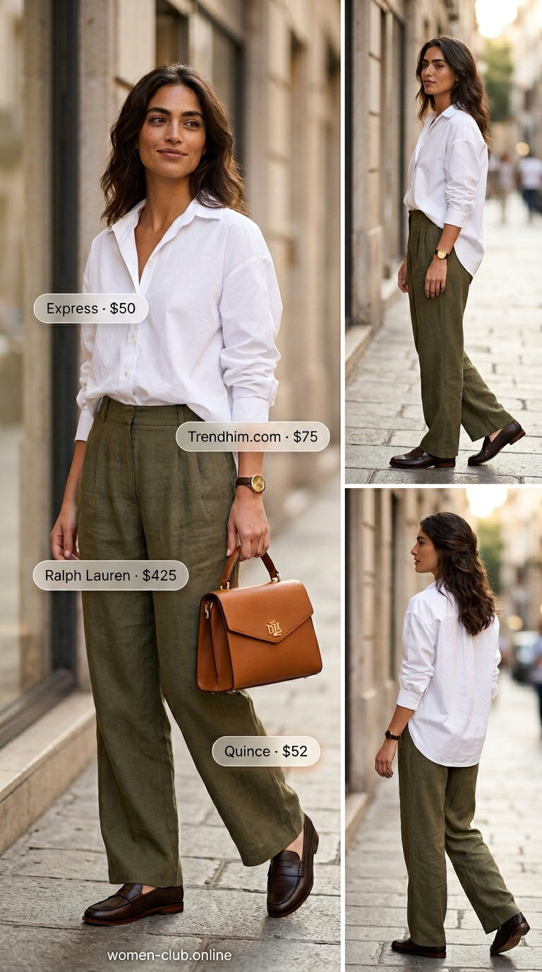 Casual sporty chic summer outfits for women 2026: Olive green trousers, white shirt, loafers, and satchel.