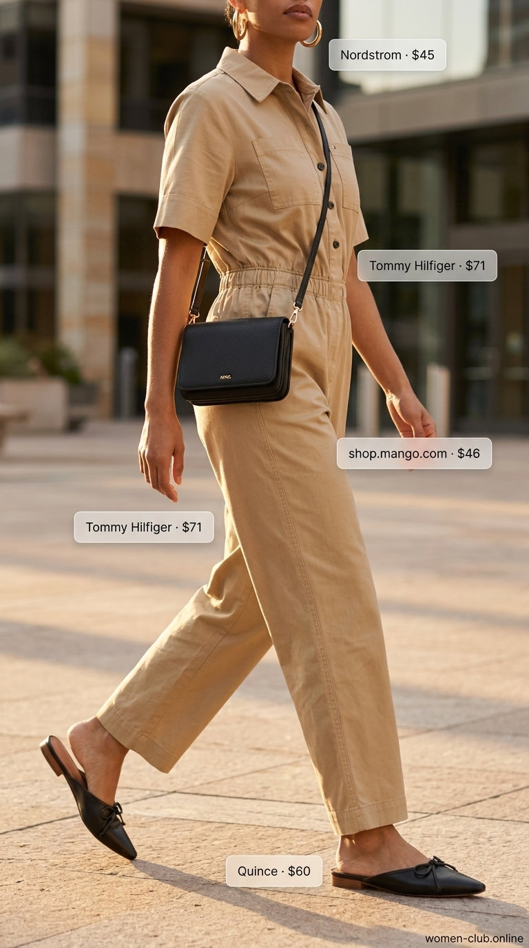 Casual sporty chic summer outfit for women 2026: Khaki utility jumpsuit, gold hoops, black crossbody bag, and mules.