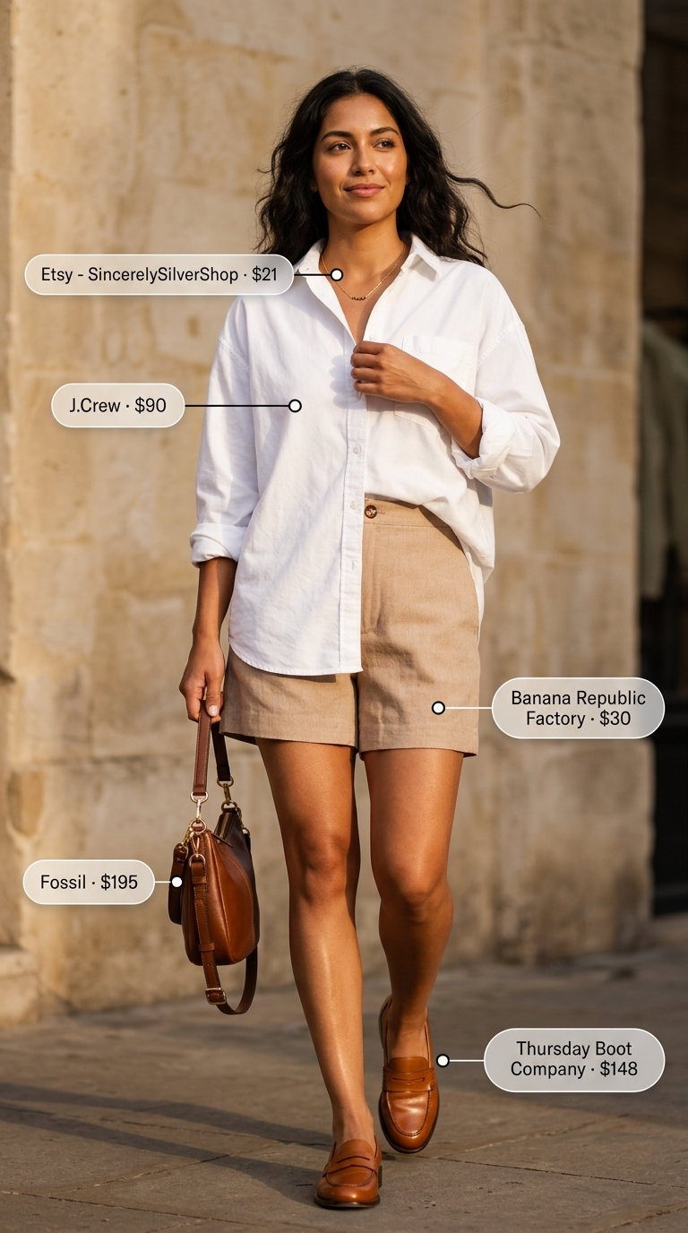Casual sporty chic summer outfits for women 2026: White button-down, linen shorts, penny loafers.
