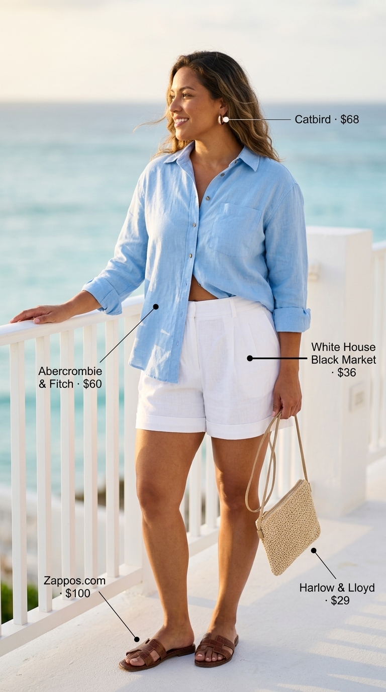 Chic summer beach outfit for women 2026: Sky blue linen shorts, white oversized shirt, straw crossbody, and silver hoops for sightseeing.