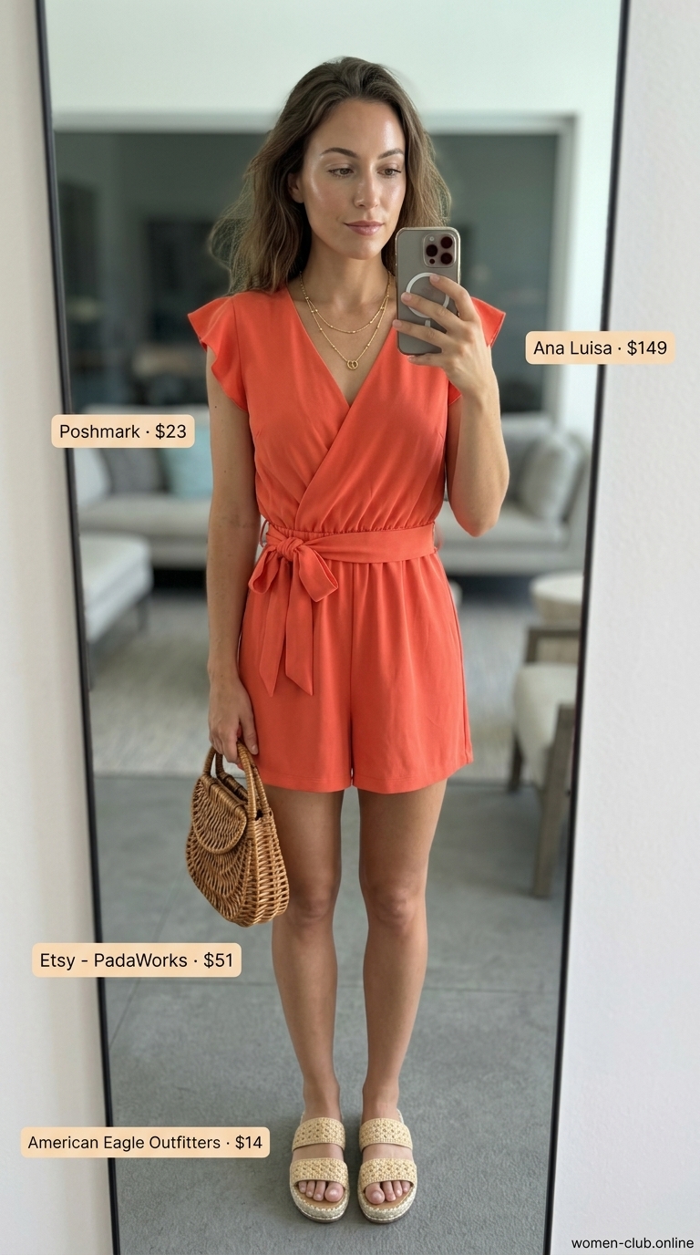 Chic summer beach outfit for women 2026: Coral linen romper, beige espadrilles, rattan bag.