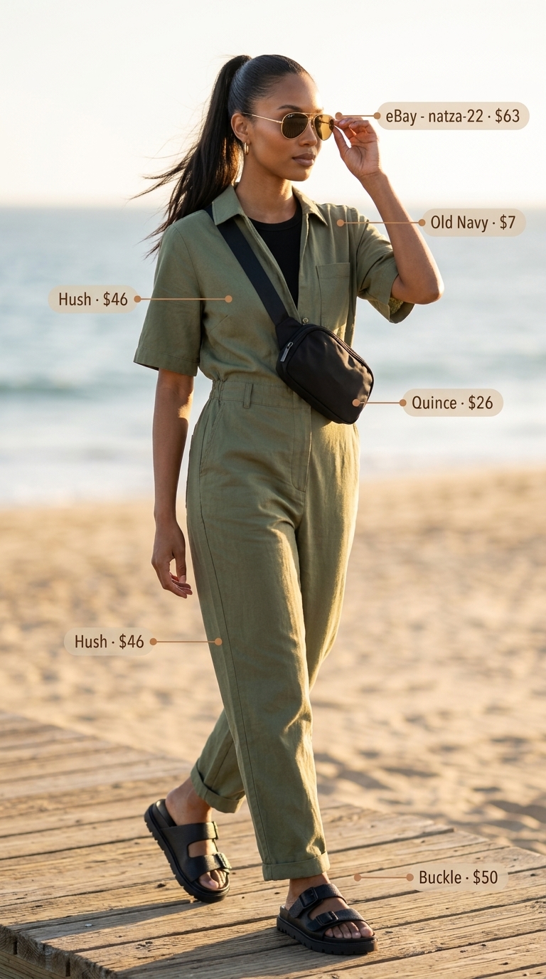 Chic summer beach outfit for women 2026: Khaki utility jumpsuit, black crop top, chunky sandals, and crossbody bag for day trips.