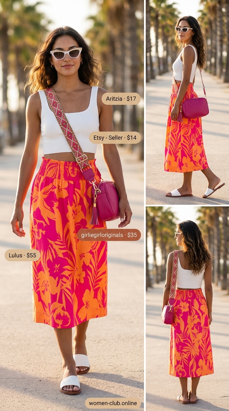 Chic summer beach outfit for women 2026: Hot pink floral skirt, white crop top, white slides, and cat-eye sunglasses for brunch.