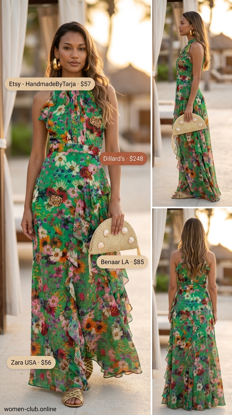 Chic summer beach outfit for women 2026: Emerald green floral maxi dress, gold hoops, embellished sandals.