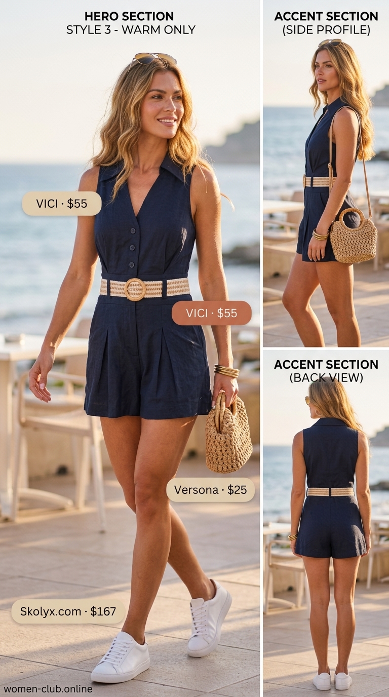 Chic summer beach outfit for women 2026: Navy linen romper, white sneakers, crossbody bag, and aviator sunglasses for island sightseeing.