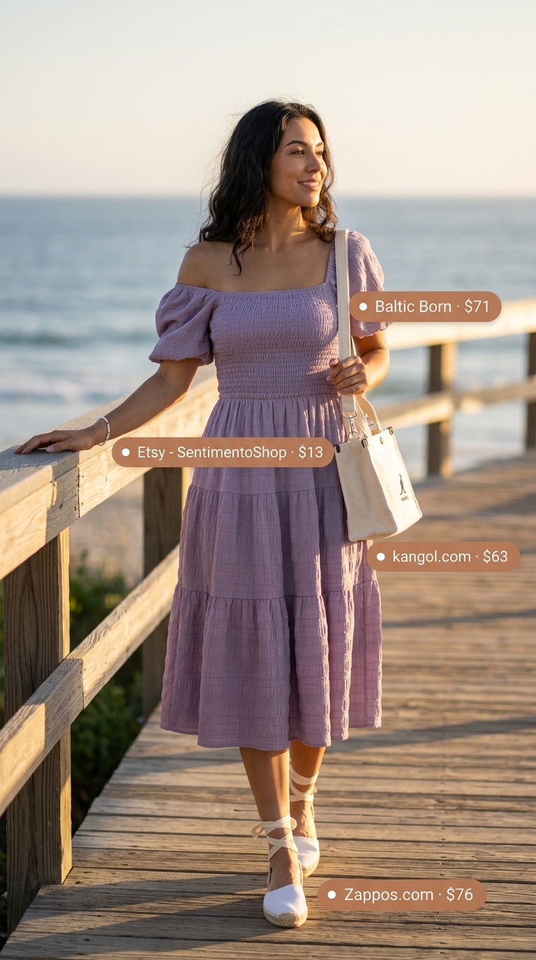 Chic summer beach outfit for women 2026: Lavender sundress, white espadrilles, pearl earrings.