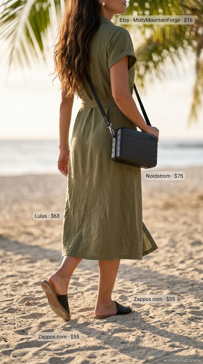 Chic summer beach outfit for women 2026: Olive green midi shirt dress, black sandals, silver earrings.