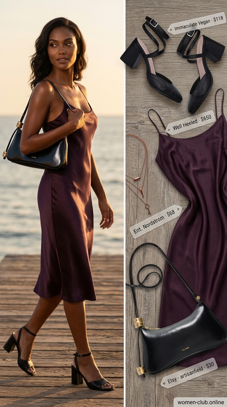 Chic summer beach outfit for women 2026: Plum slip dress, black mini bag, copper sandals for resort dinner.