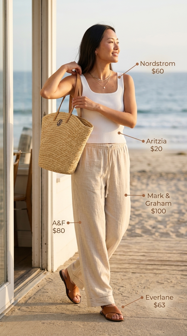 Chic summer beach outfit for women 2026: Beige linen pants, white knit tank, straw tote, and gold necklaces for beachside brunch.