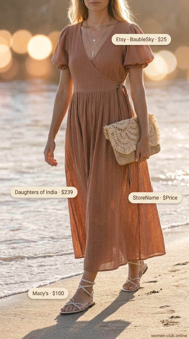 Chic summer beach outfit for women 2026: Terracotta maxi caftan, cream sandals, gold jewelry for boho vibes.