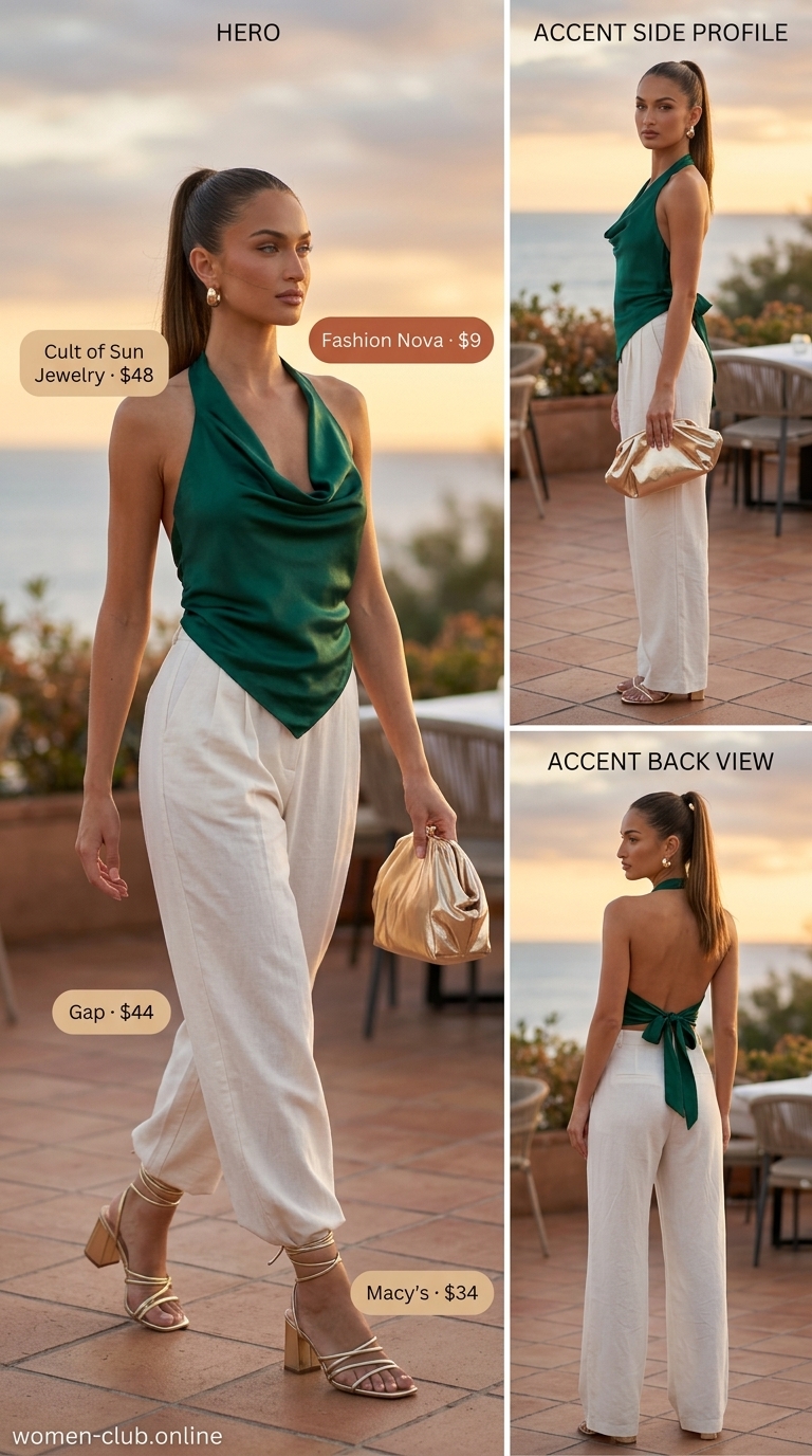 Chic summer beach outfit for women 2026: Emerald satin crop top, ivory linen pants, gold sandals, and clutch for resort dinner.