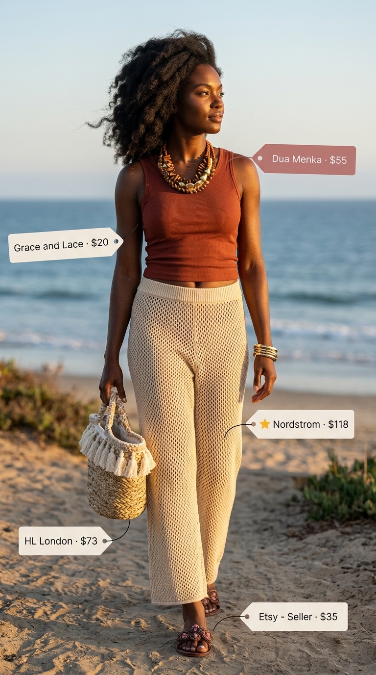 Chic summer beach outfit for women 2026: Cream crochet pants, rust tank, straw bag for a bohemian beach bonfire vibe.