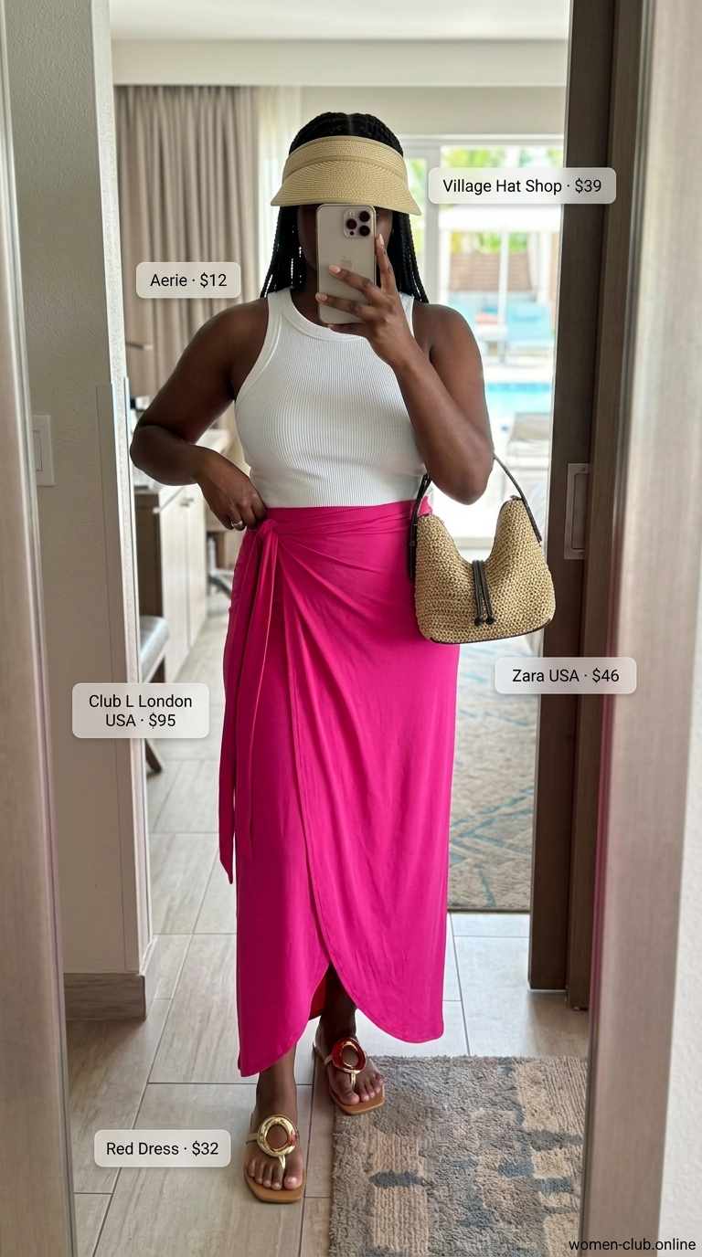 Chic summer beach outfit for women 2026: Hot pink sarong skirt, white tank, gold flats for a playful beach bar look.