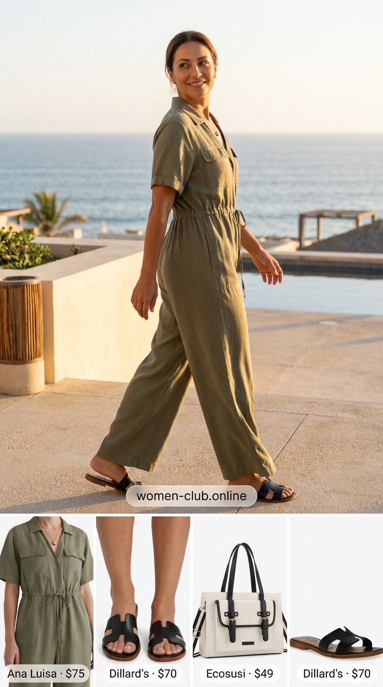 Chic summer beach outfit for women 2026: Khaki utility jumpsuit, leather slides, gold necklace for sophisticated resort travel.