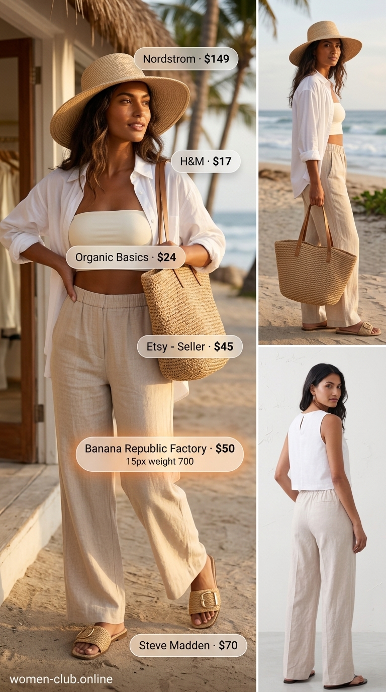 Chic summer beach outfit for women 2026: White oversized shirt, linen pants, straw hat for a relaxed seaside look.
