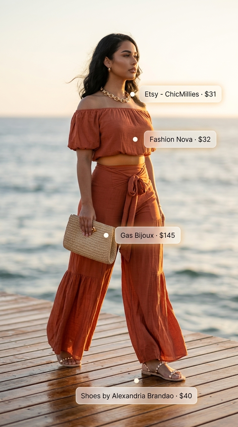 Chic summer beach outfit for women 2026: Terracotta linen matching set, raffia clutch, and metallic flats for resort evenings.