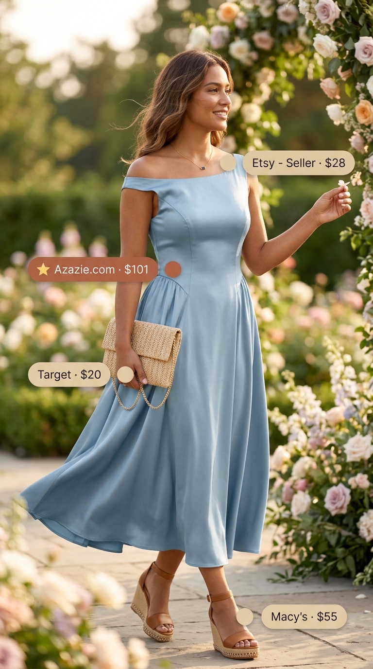 Chic summer wedding guest outfits for women 2026: Powder blue chiffon midi dress, tan espadrilles, and woven clutch for an outdoor wedding.