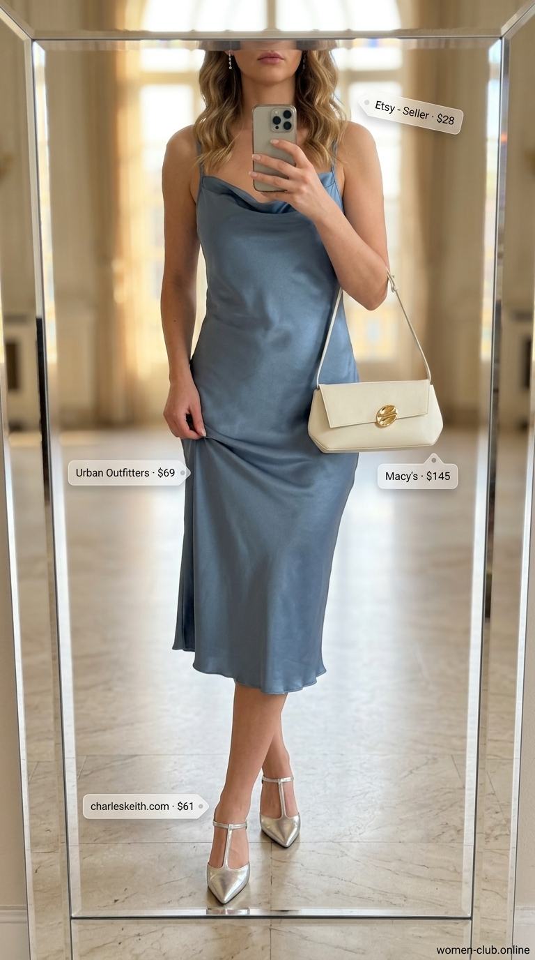Chic summer wedding guest outfits for women 2026: Dusty blue satin slip midi dress, silver kitten heels, and ivory clutch for a city wedding.