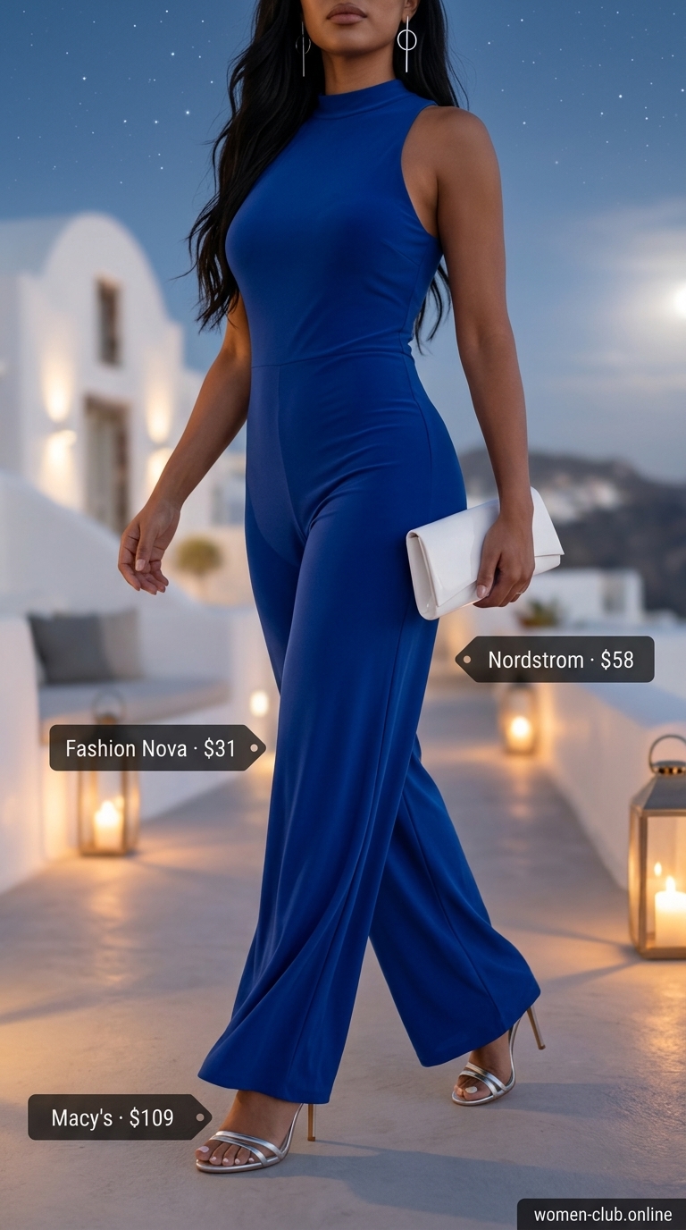 Chic summer wedding guest outfits for women 2026: Cobalt blue wide-leg jumpsuit, silver sandals, and white clutch for a destination wedding.