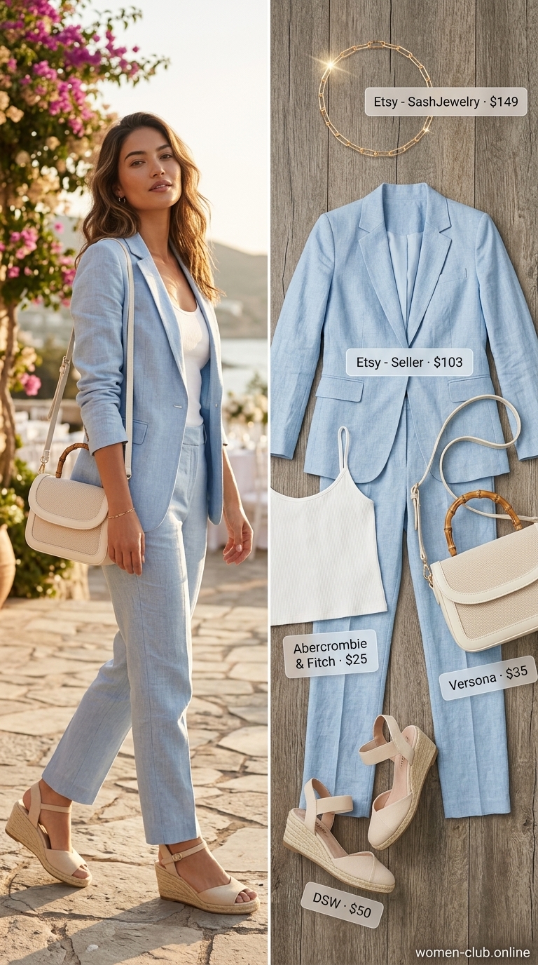 Chic summer wedding guest outfits for women 2026: Light blue linen blazer and shorts set, tan espadrilles, and white crossbody for a casual wedding.