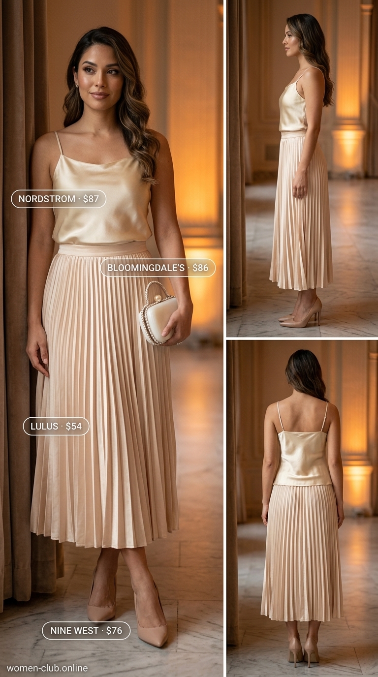 Chic summer wedding guest outfits 2026: Champagne satin skirt, ivory camisole, and stiletto pumps for formal wedding.