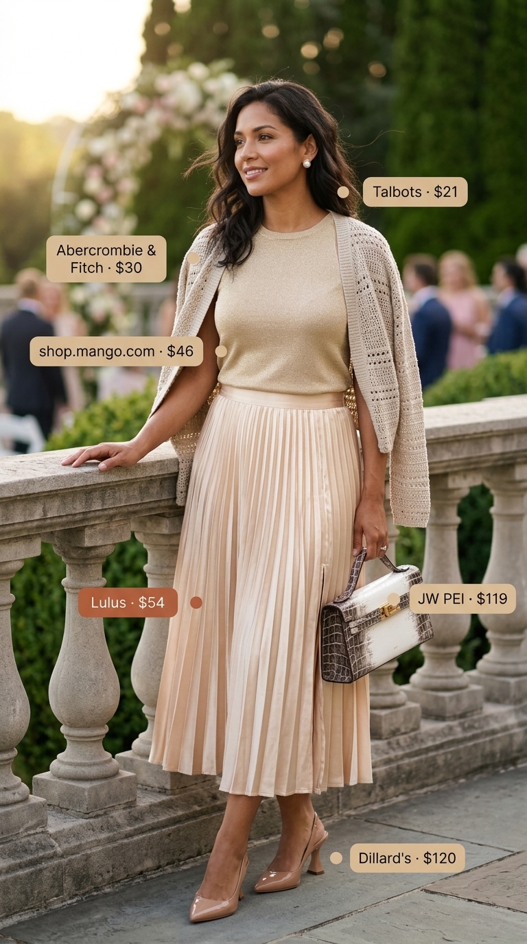 Chic summer wedding guest outfits 2026: Champagne satin skirt, ivory knit top, and slingbacks for city wedding.