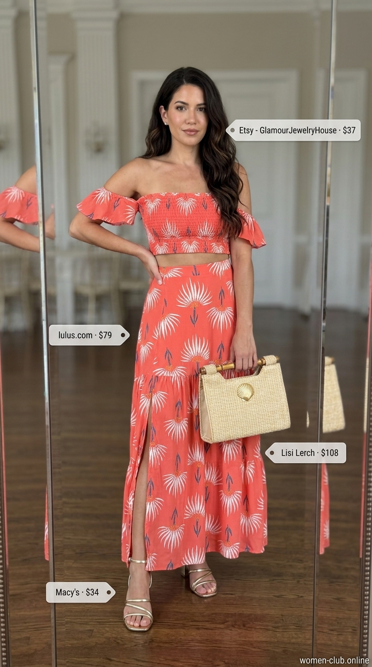 Chic summer wedding guest outfits for women 2026: Coral floral maxi dress, gold sandals, and straw clutch for a garden wedding.