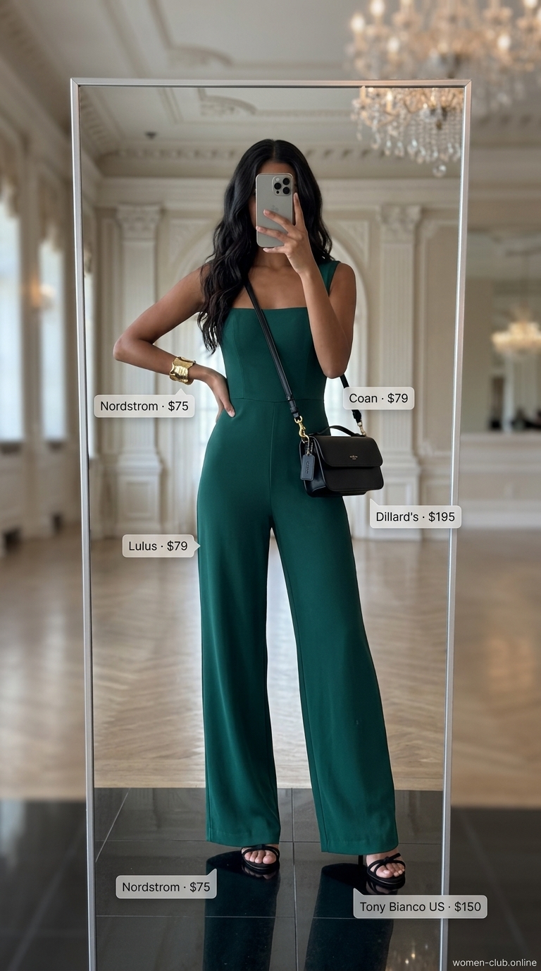 Chic summer wedding guest outfits for women 2026: Emerald green wide-leg jumpsuit, gold earrings, and black heels for a formal party.