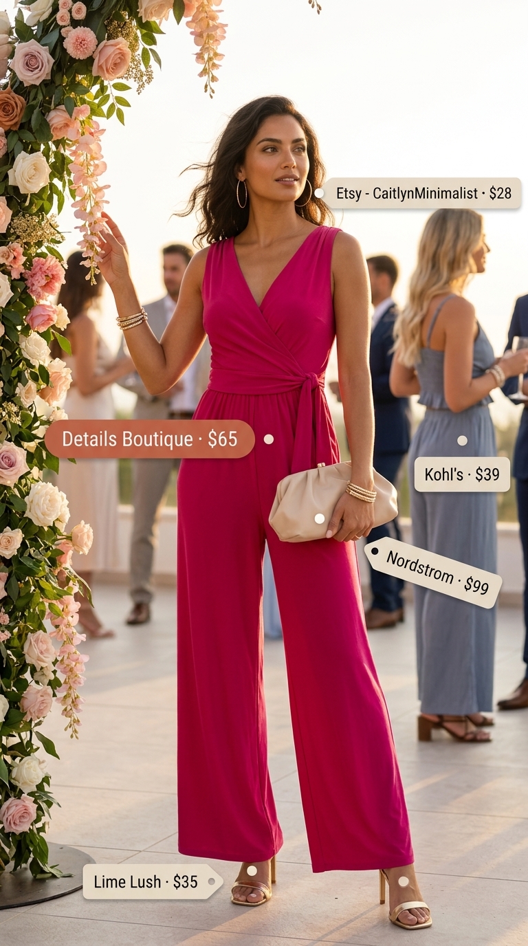 Chic summer wedding guest outfits 2026: Fuchsia wide-leg jumpsuit with gold heels and statement earrings for evening.
