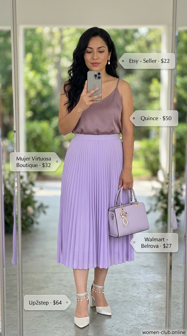 Chic summer wedding guest outfits for women 2026: Lavender pleated midi skirt, ivory camisole, and pearl pumps for a garden wedding.