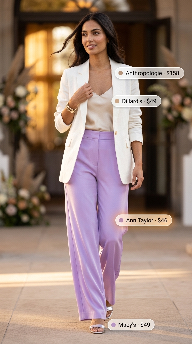 Chic summer wedding guest outfits for women 2026: Lavender wide-leg trousers, ivory blazer, and silver sandals for a garden party.