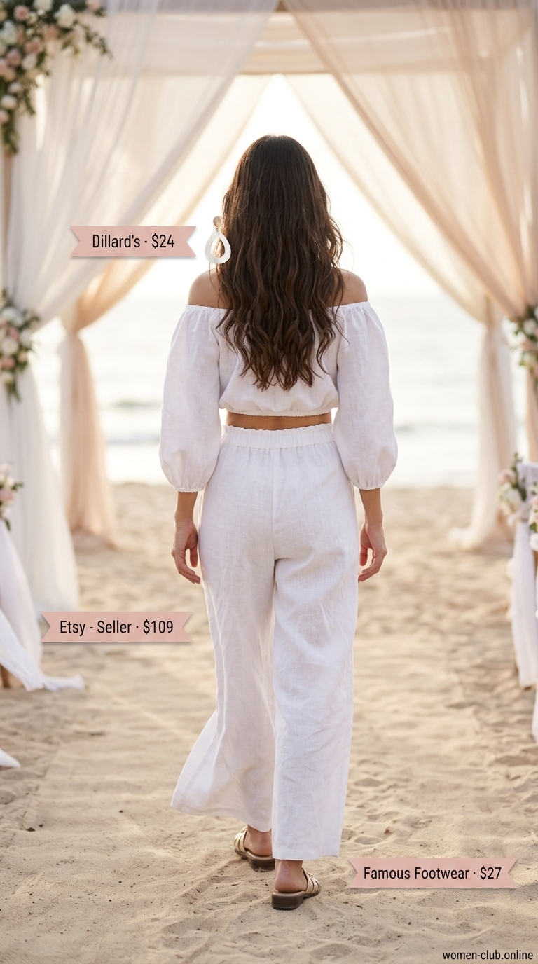 Chic summer wedding guest outfits 2026: White linen skirt set, straw bag, and embellished flats for casual wedding.