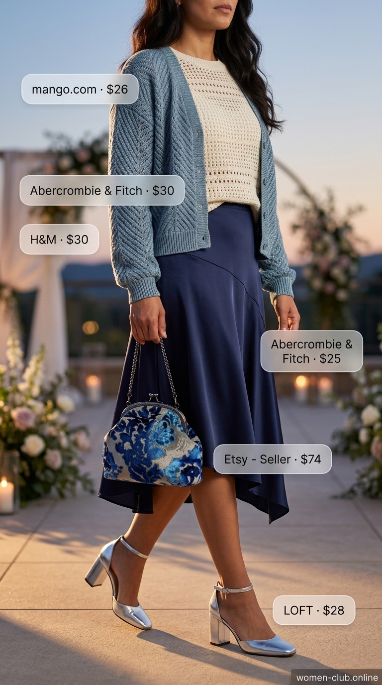 Chic summer wedding guest outfits 2026: Navy satin slip skirt, cream knit top, and block heels for cocktail reception.