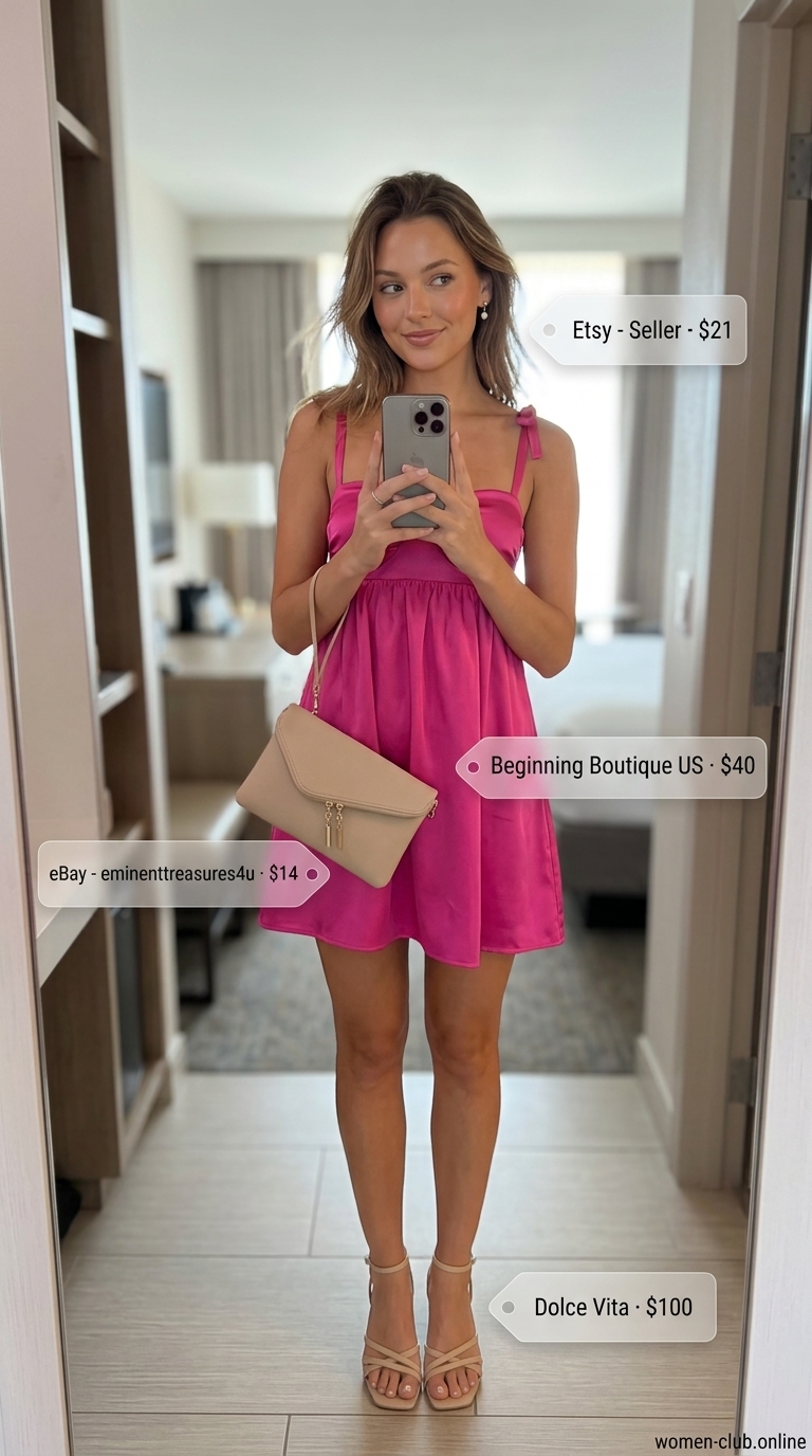 Chic summer wedding guest outfits for women 2026: Hot pink puff sleeve mini dress, nude heels, and gold pearl earrings for a cocktail party.