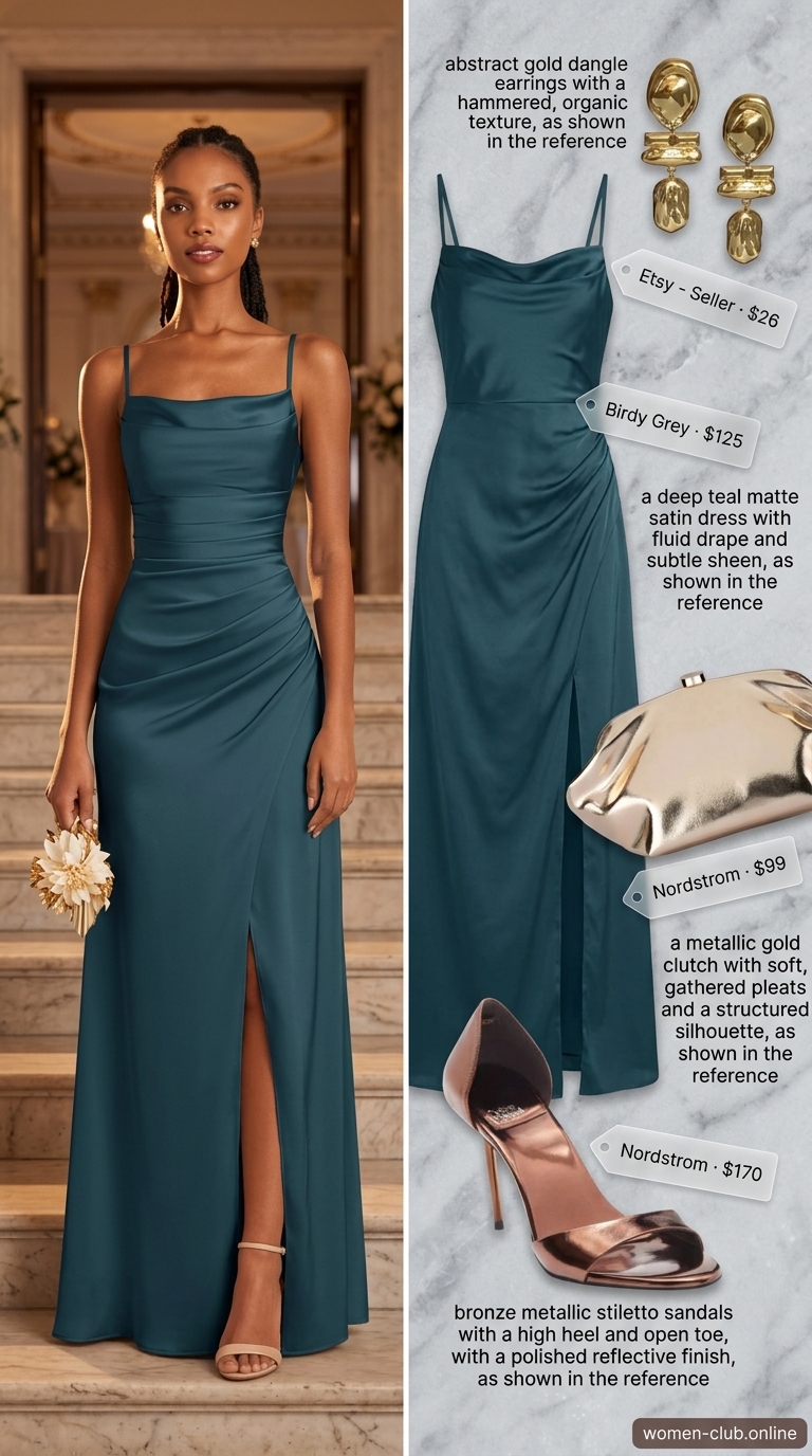Chic summer wedding guest outfits for women 2026: Deep teal halter maxi dress, gold statement earrings, and bronze heels for a formal gala.
