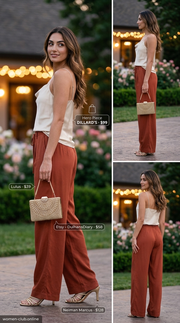 Chic summer wedding guest outfits 2026: Terracotta wide-leg pants, cream cowl neck top, and gold mules for resort wedding.