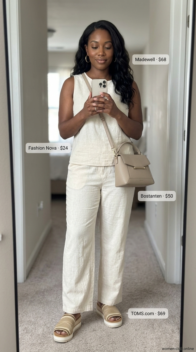 Chic summer wedding guest outfits 2026: Cream linen set, tan sandals, gold hoops.