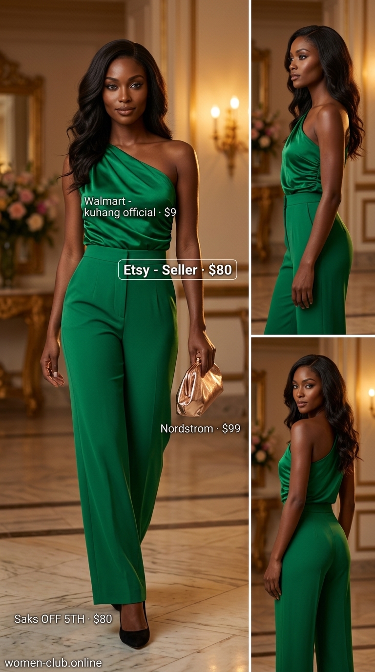 Chic summer wedding guest outfits 2026: Emerald green satin top, palazzo pants, gold clutch.