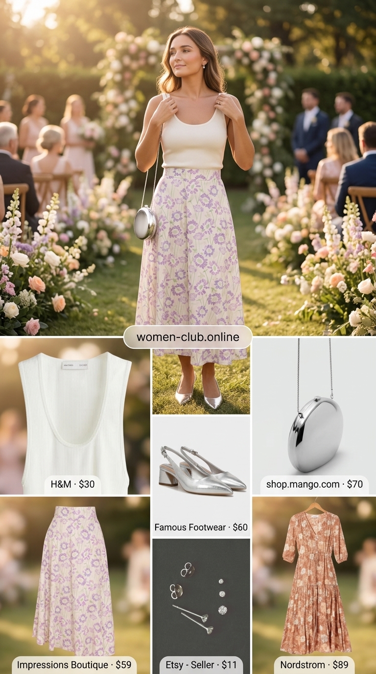 Chic summer wedding guest outfits 2026: Lavender embroidered midi skirt, cream knit top, silver heels.