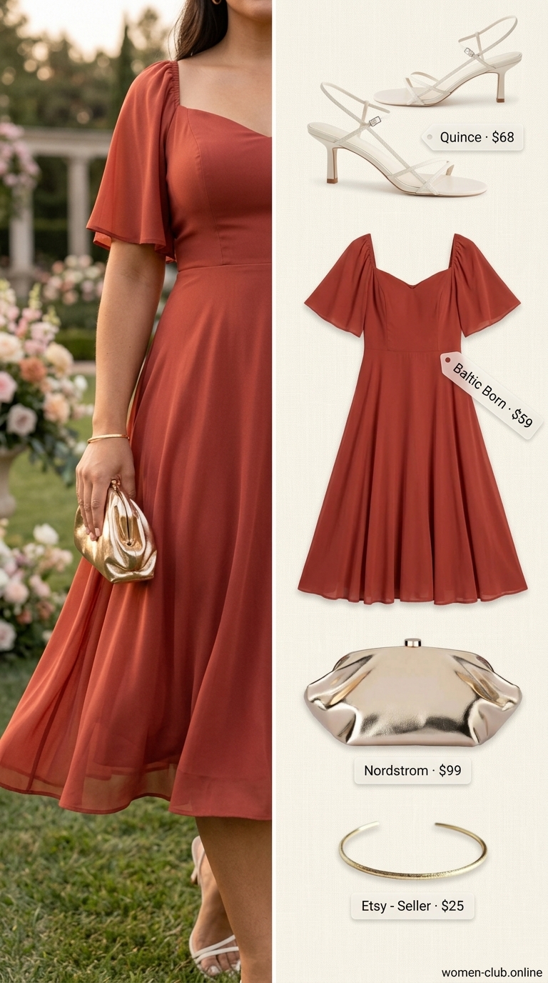 Chic summer wedding guest outfits 2026: Terracotta column dress, gold jewelry, cream heels.