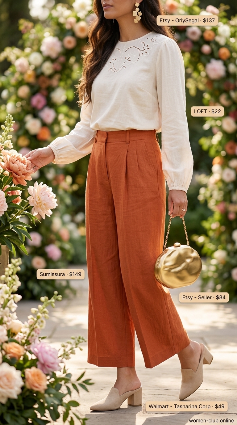 Chic summer wedding guest outfits 2026: Terracotta pants, ivory blouse, gold clutch.