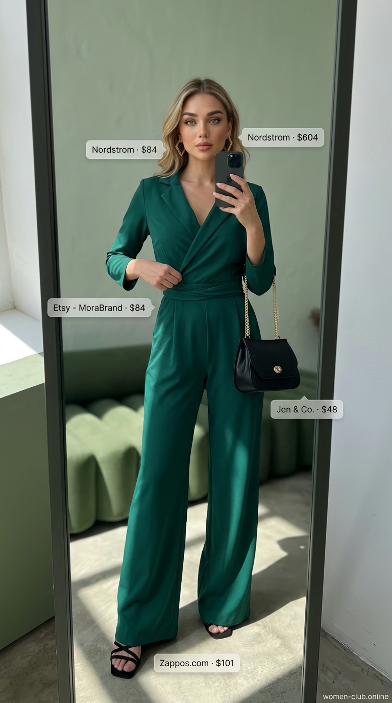 Urban Jungle Brunch Outfits 2026 Classy summer brunch outfits for women 2026: Forest green wide-leg jumpsuit, black block heels, gold hoops, and mini bag.