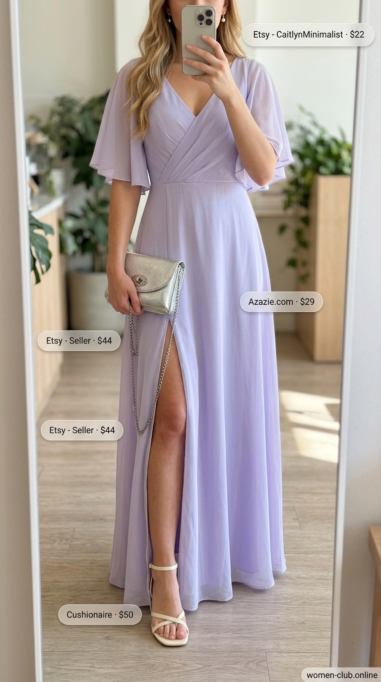 Garden Party Brunch Outfits 2026 Classy summer brunch outfits for women 2026: Lavender chiffon midi dress, silver pearl earrings, and cream block heels.