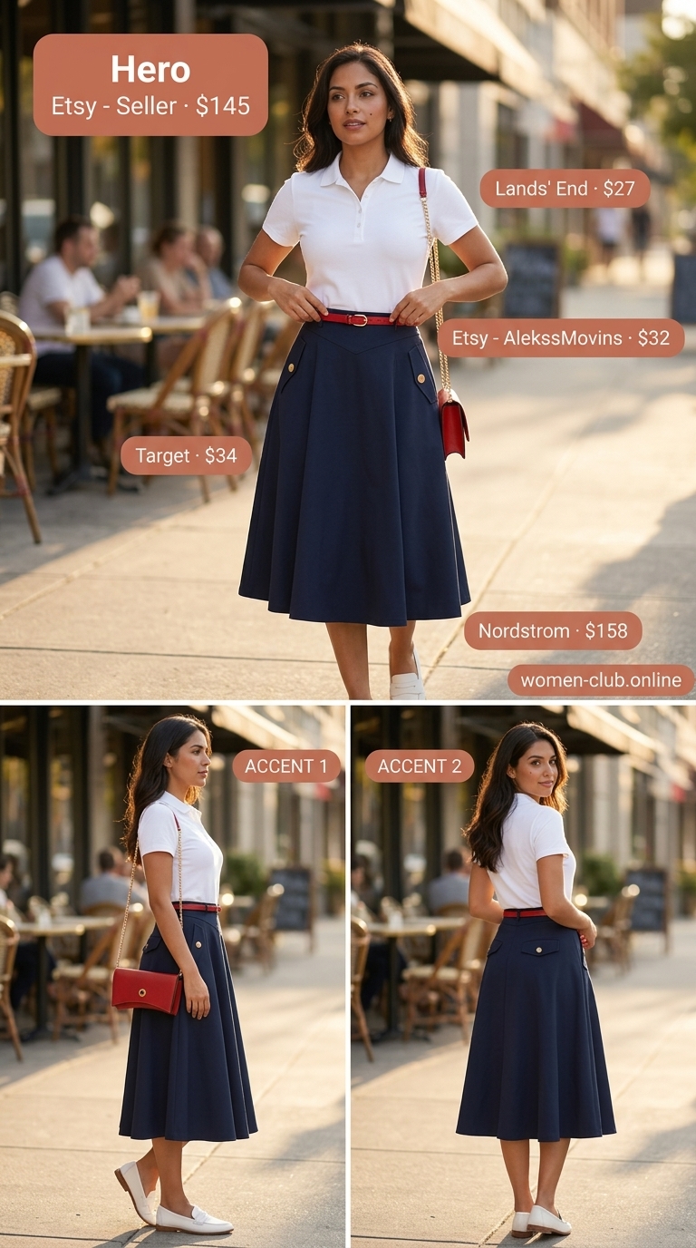 Navy & White Nautical Brunch 2026 Classy summer brunch outfits for women 2026: Navy A-line skirt, white polo top, red belt, loafers, and crossbody bag.