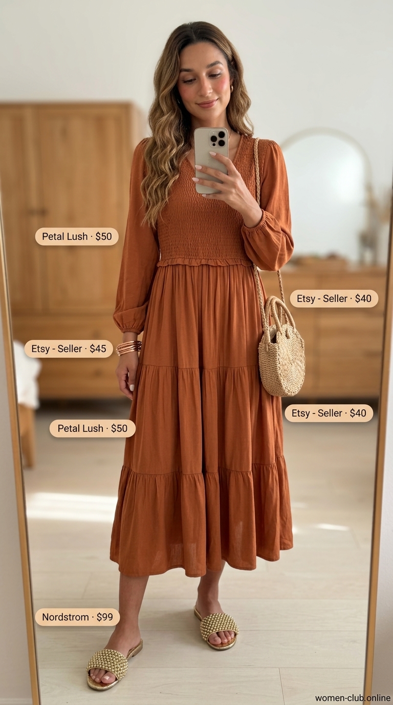 Boho Sunset Brunch Outfits 2026 Classy summer brunch outfits for women 2026: Terracotta maxi dress, straw crossbody, bronze sandals, and bangle bracelets.