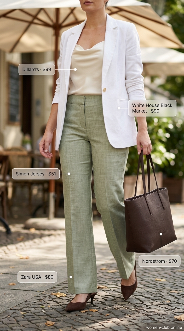 Classy Summer Brunch Outfits 2026: Executive Meeting Style Classy summer brunch outfits for women 2026: Sage green linen pants, cream cami, white blazer for business brunch.