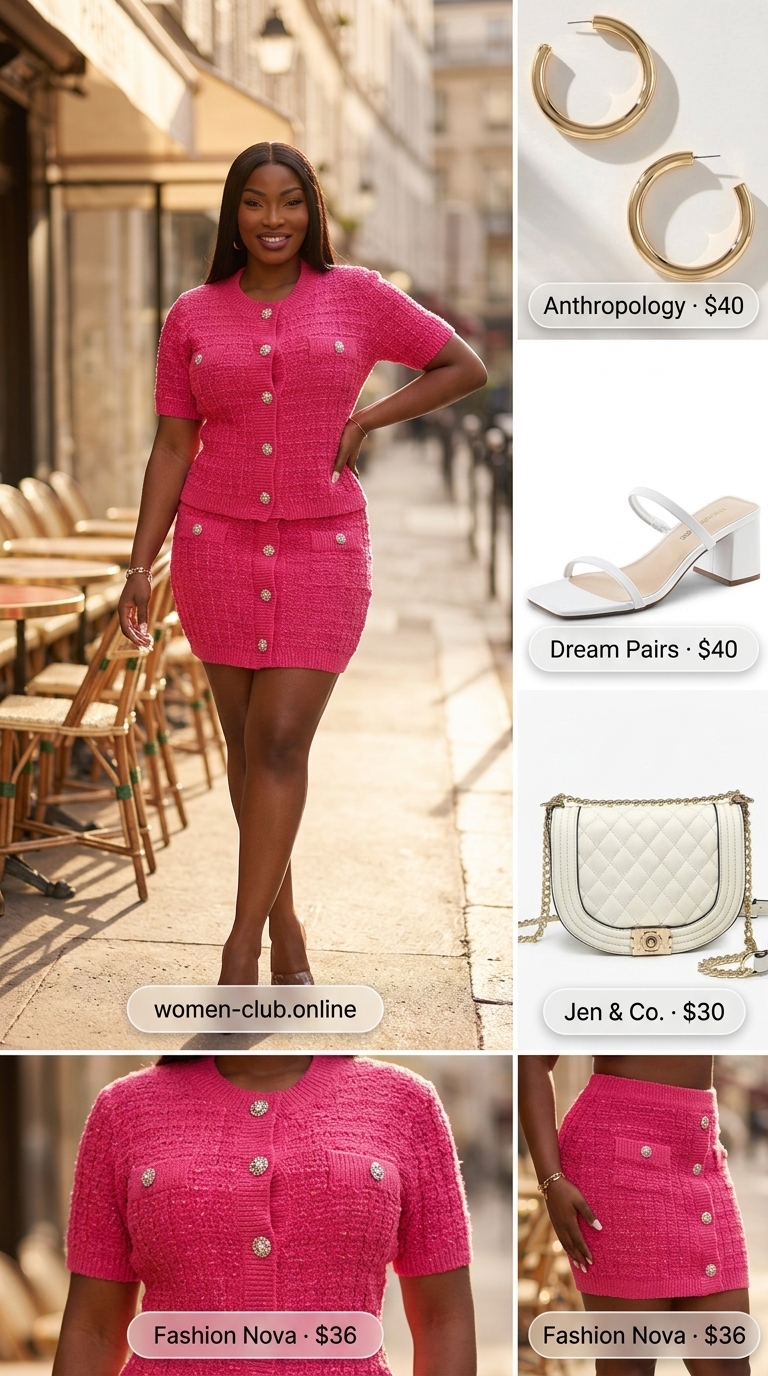 Classy Summer Brunch Outfits 2026: Fuchsia Tweed Set Classy summer brunch outfits for women 2026: Fuchsia tweed matching set with ivory bag and gold hoops for a glam party.