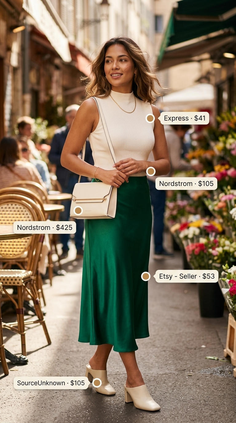 Classy Summer Brunch Outfits 2026: Luxe Cafe Chic Classy summer brunch outfits for women 2026: Emerald green satin skirt, ivory knit top for a luxurious cafe look.