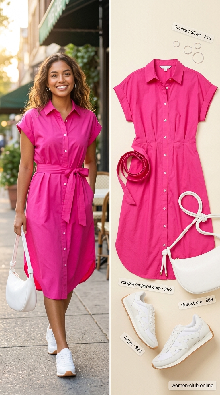 Classy Summer Brunch Outfits 2026: Playful Pink Dress Classy summer brunch outfits for women 2026: Hot pink mini shirt dress with white sneakers for a playful shopping day.