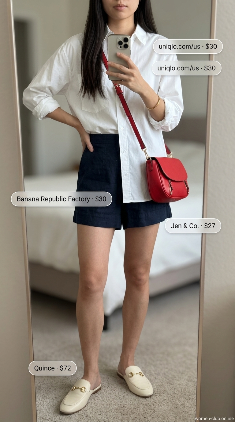 Classy Summer Brunch Outfits 2026: Preppy Shorts Style Classy summer brunch outfits for women 2026: Navy linen shorts, white shirt, loafers for a preppy city look.